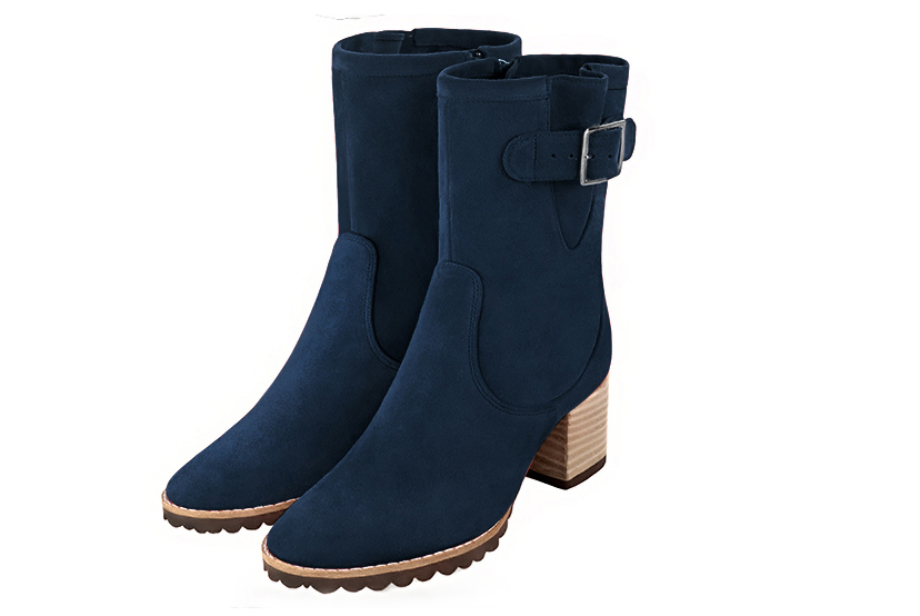 Navy blue women's ankle boots with buckles on the sides. Round toe. Medium block heels. Front view - Florence KOOIJMAN